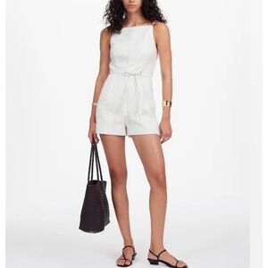 NEW Madewell Women Sleeveless Square Neck Pleated Romper sz 4/S Pinstripe Lined